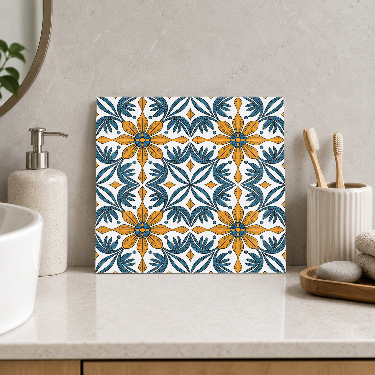Ochre Daisies and Navy Leaf Crosses Tile displayed in the bathroom tile mock-up