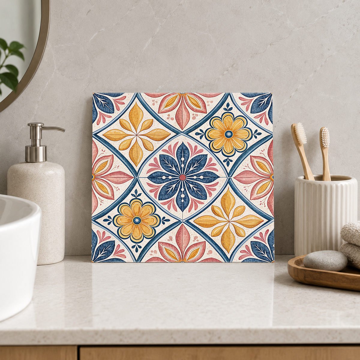 Ochre Daisies and Navy Petal Medallions Tile displayed in the bathroom tile mock-up
