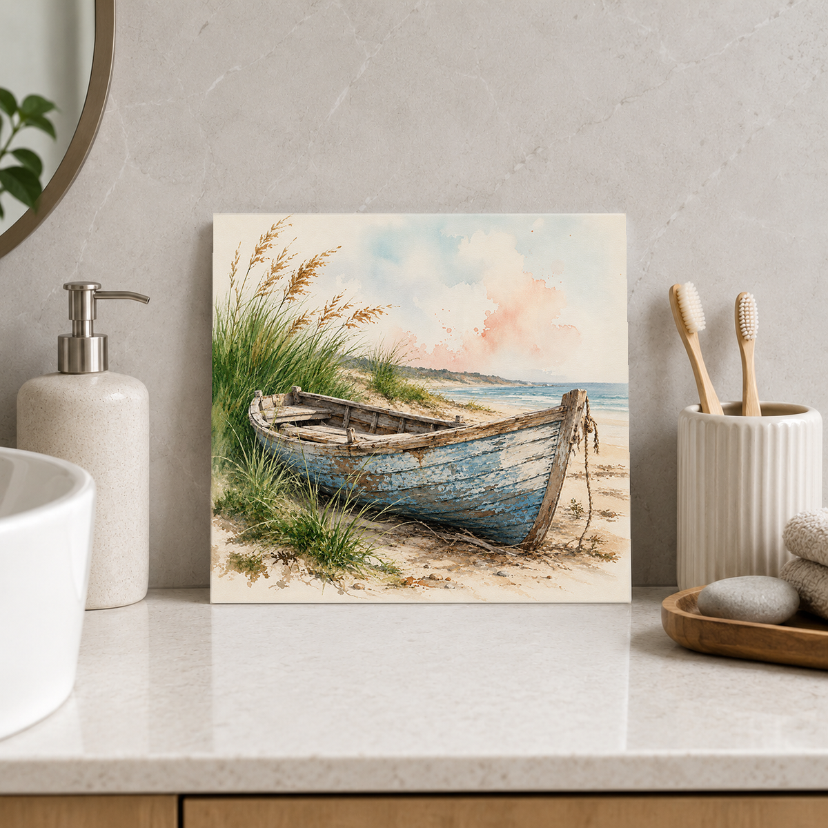 Old Wooden Boat ceramic decorative tile in Pop Color, shown in a room mockup