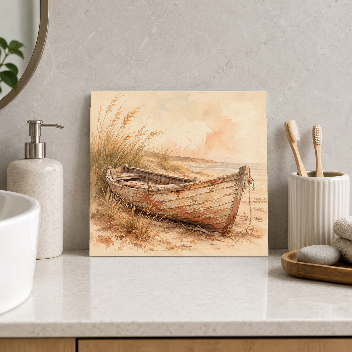 Old Wooden Boat ceramic decorative tile in Warm Country, shown in a room mockup