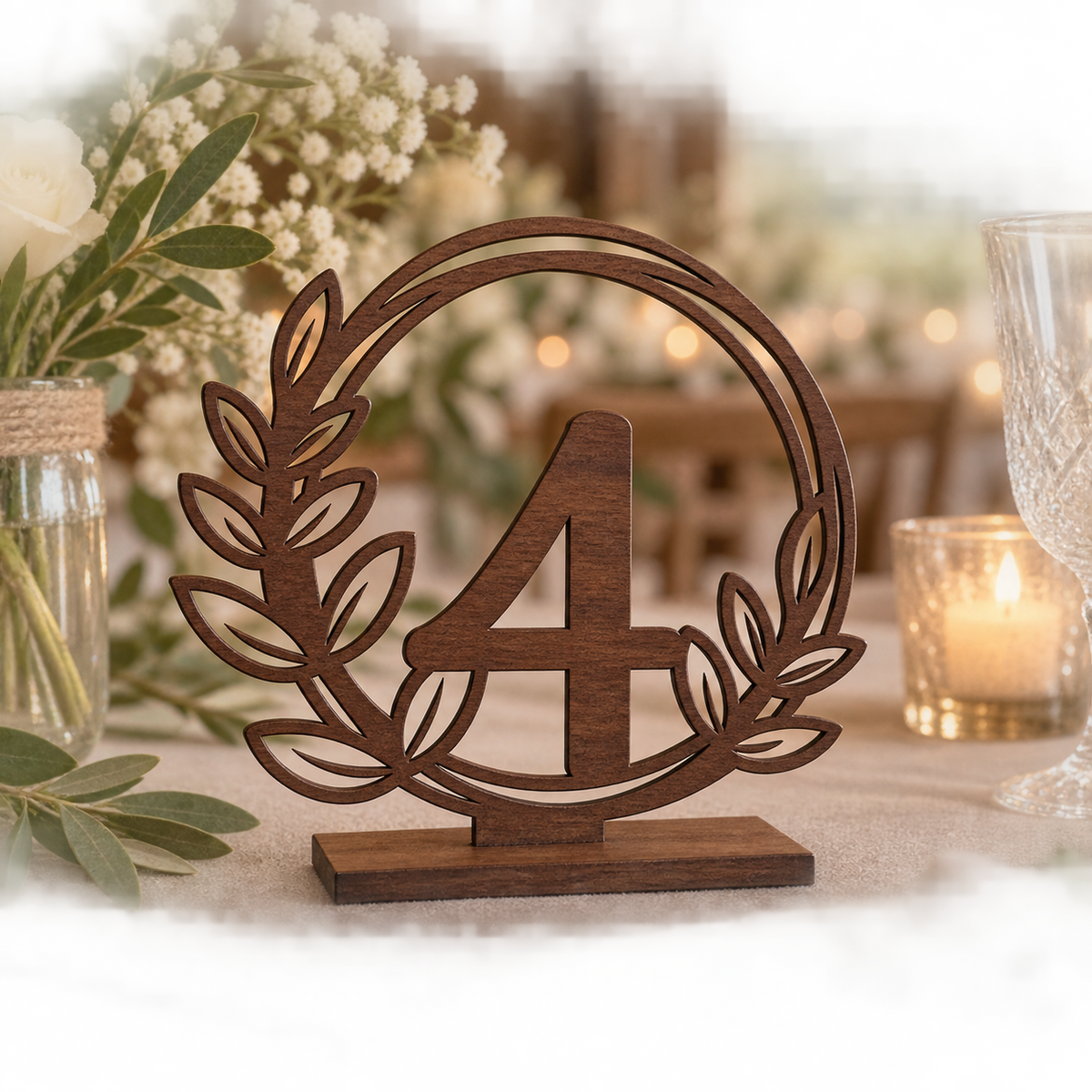 Olive Branch Wreath Table Number in varnished wood with flat base