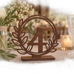 Olive Branch Wreath Table Number in varnished wood with flat base