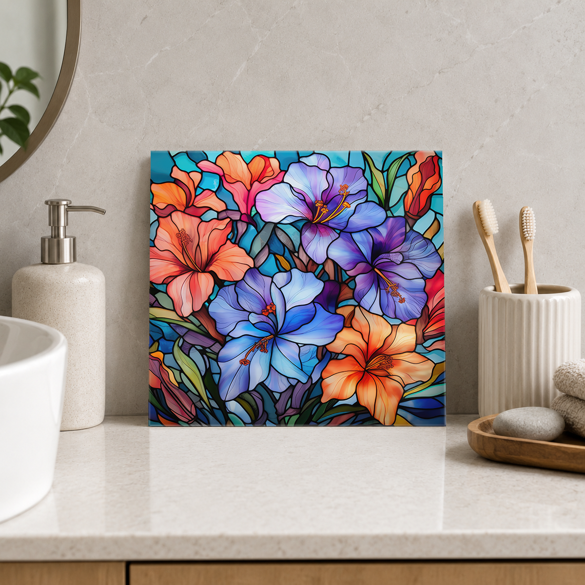Orange and Blue Lily Bouquet Tile displayed in the bathroom tile mock-up