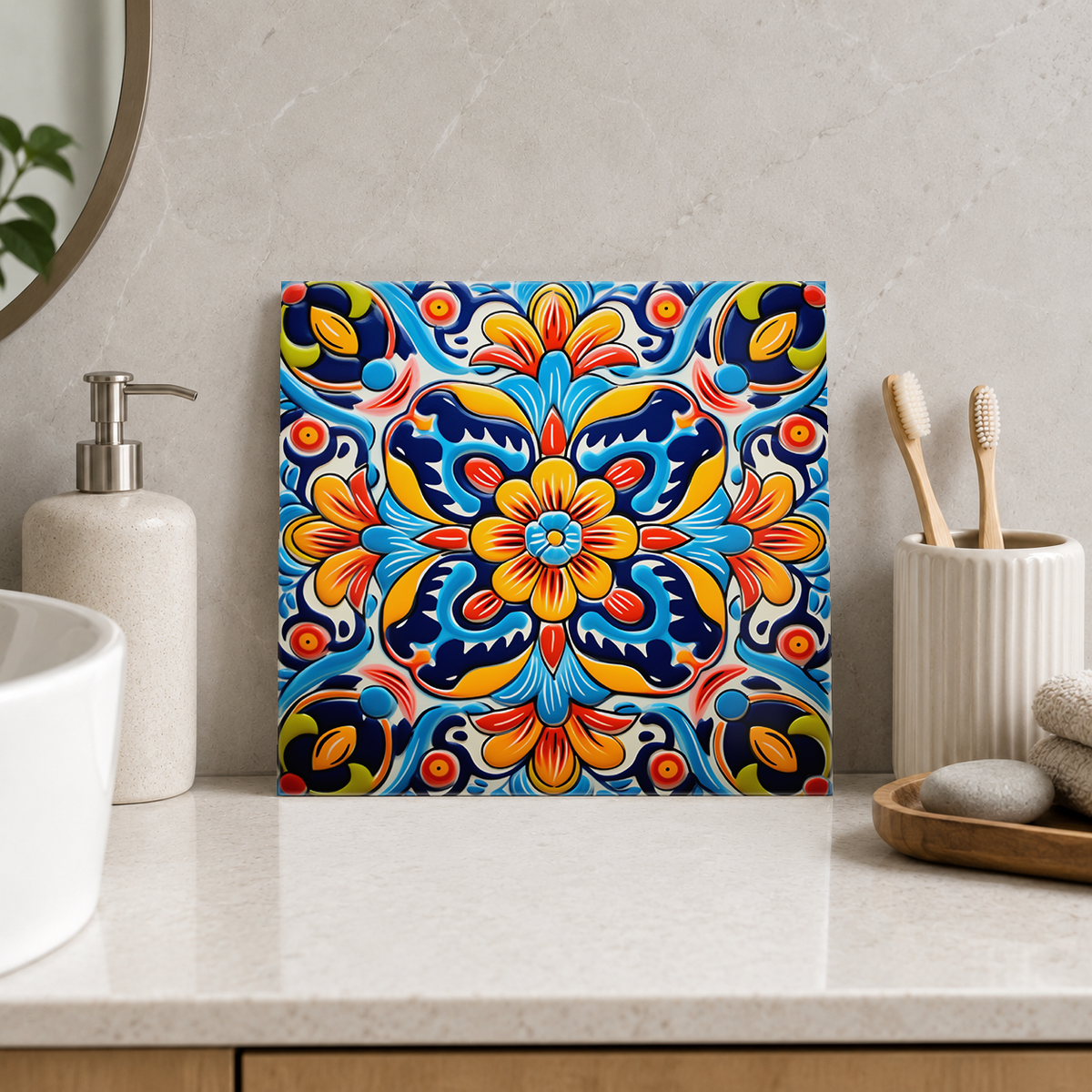 Orange and Blue Petal Cross Tile displayed in the bathroom tile mock-up