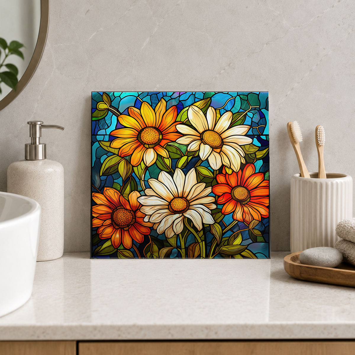 Orange and Ivory Daisy Bouquet Tile displayed in the bathroom tile mock-up