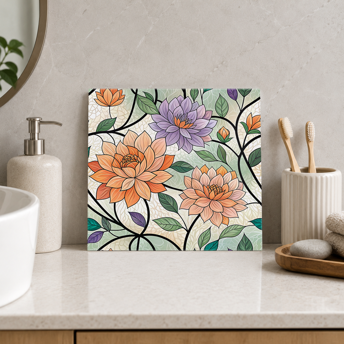 Orange and Lilac Dahlias Tile displayed in the bathroom tile mock-up