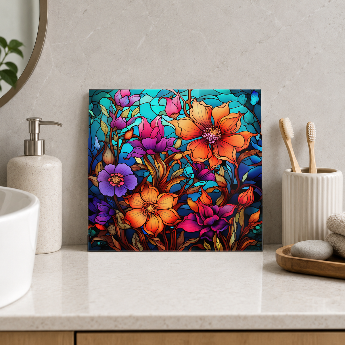 Orange and Purple Garden Flowers Tile displayed in the bathroom tile mock-up