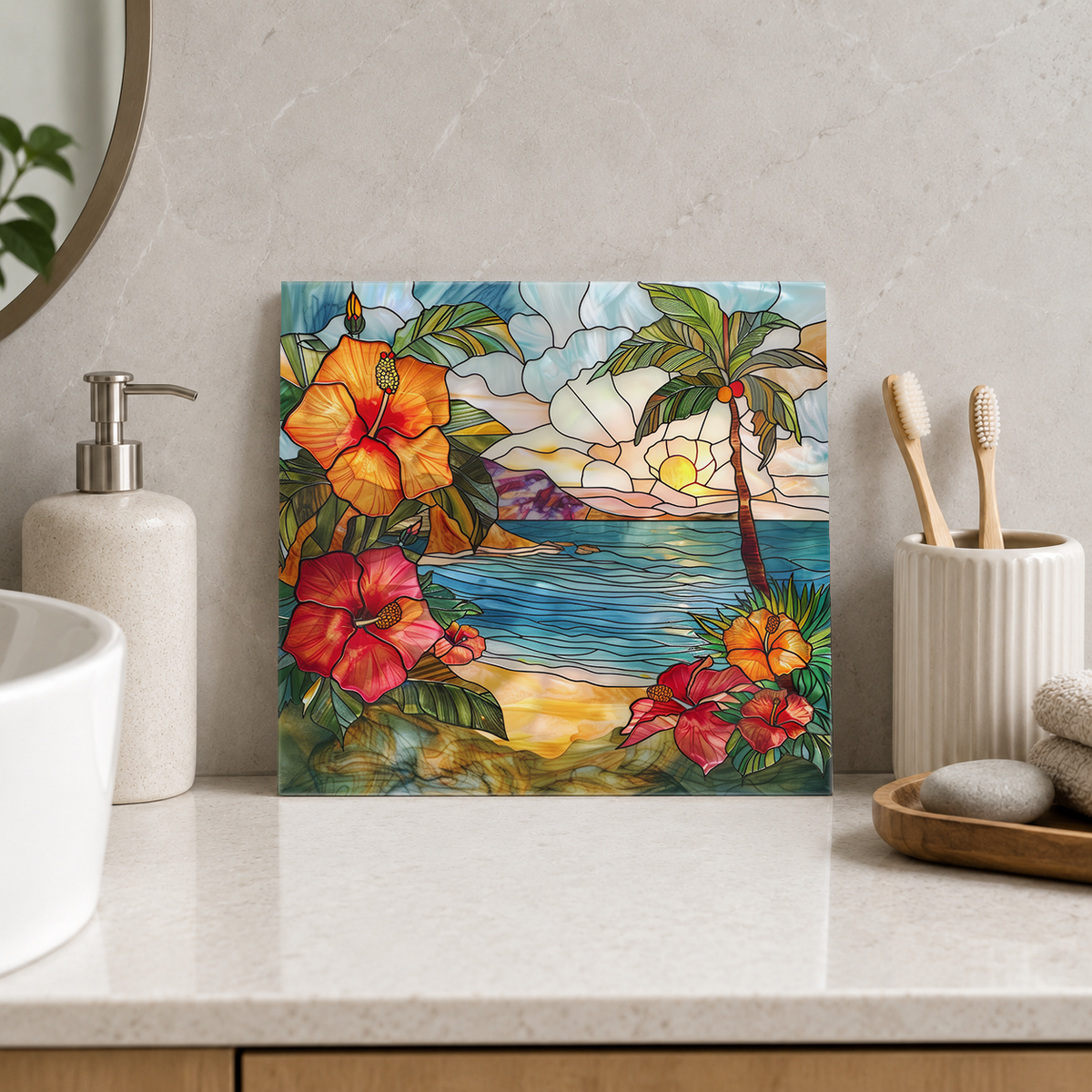 Orange and Red Hibiscus at Island Cove Tile displayed in the bathroom tile mock-up
