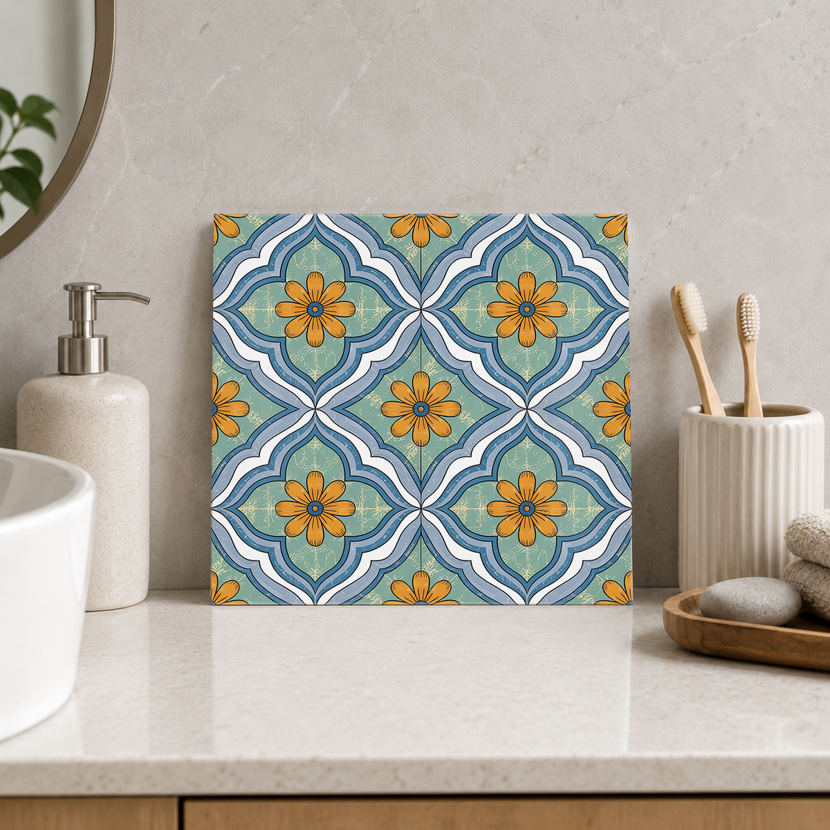Orange Daisies in Blue Quatrefoils Tile displayed in the bathroom tile mock-up