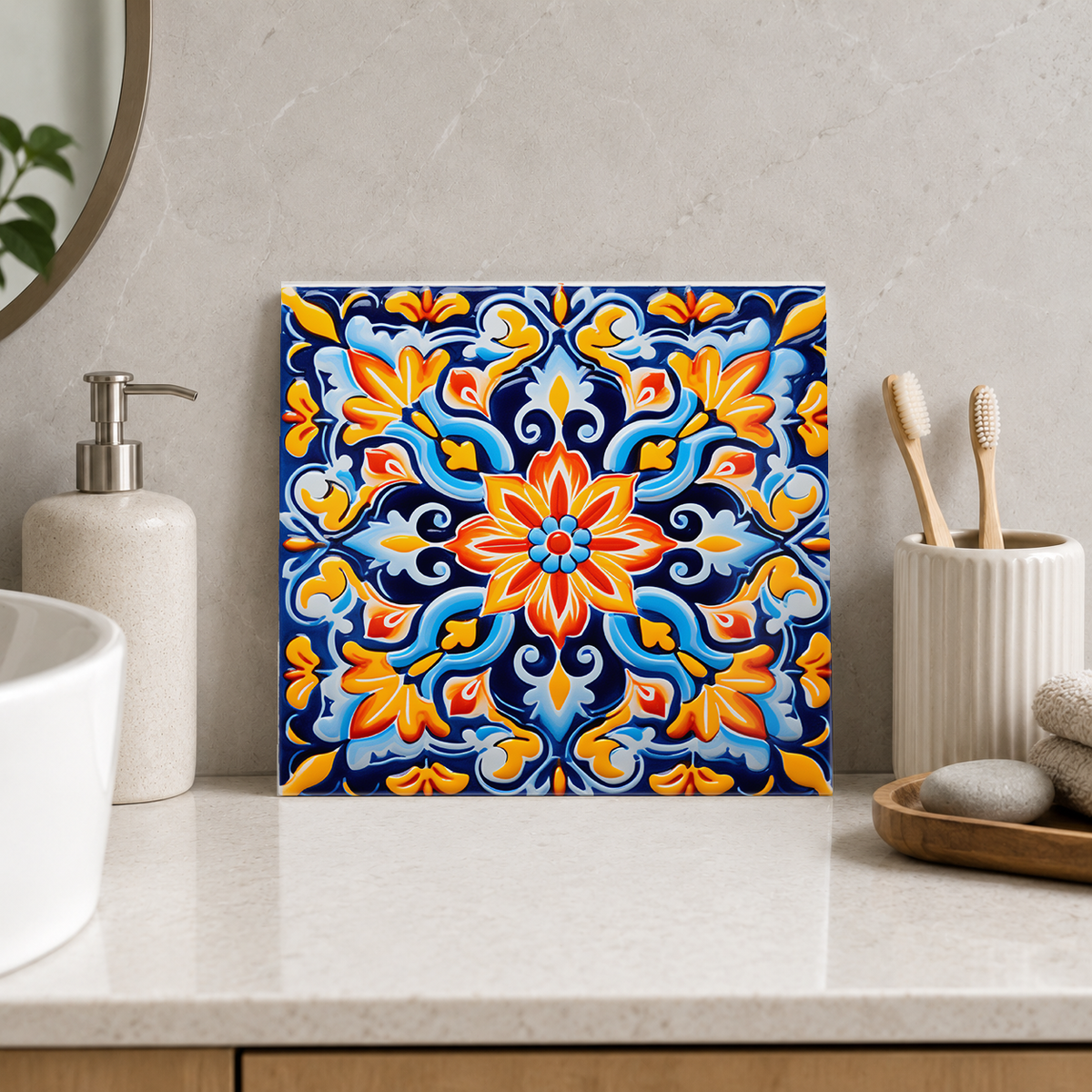 Orange Daisy and Blue Acanthus Tile displayed in the bathroom tile mock-up