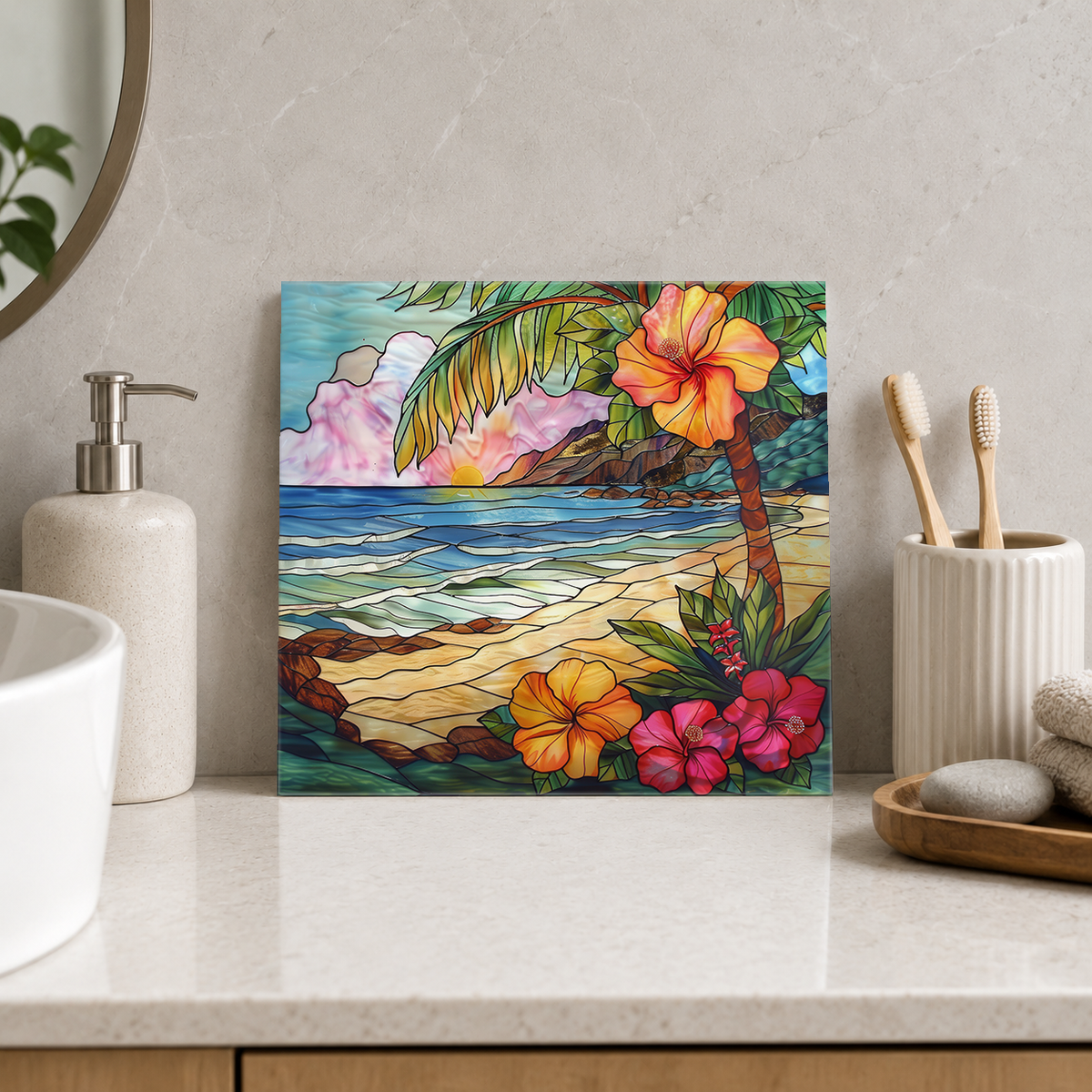 Orange Hibiscus above Turquoise Shore Tile displayed in the bathroom tile mock-up