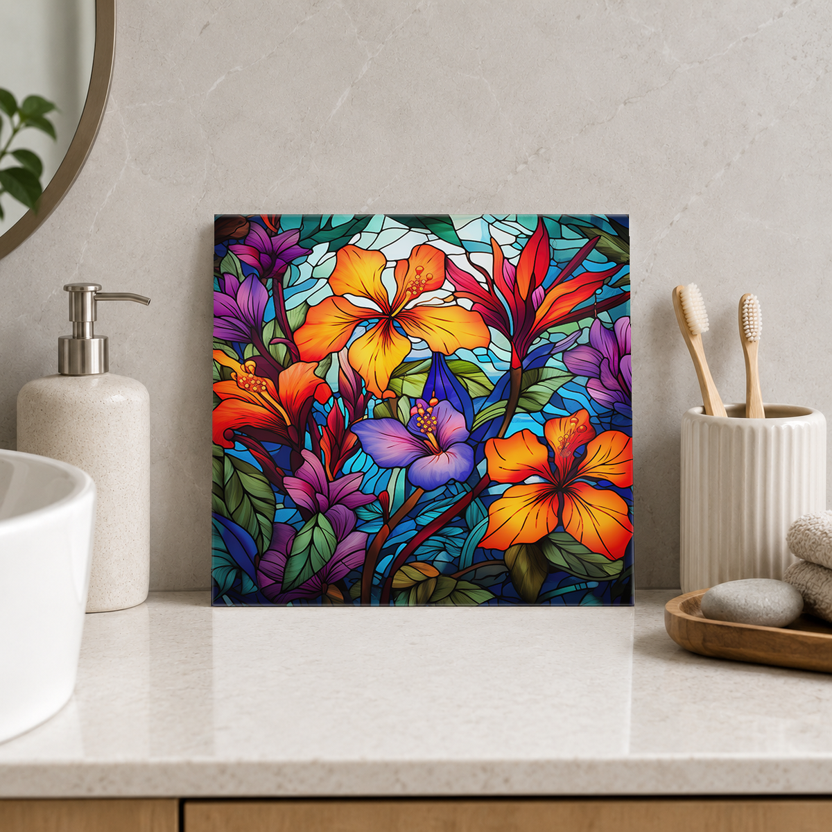 Orange Hibiscus and Tropical Blooms Tile displayed in the bathroom tile mock-up