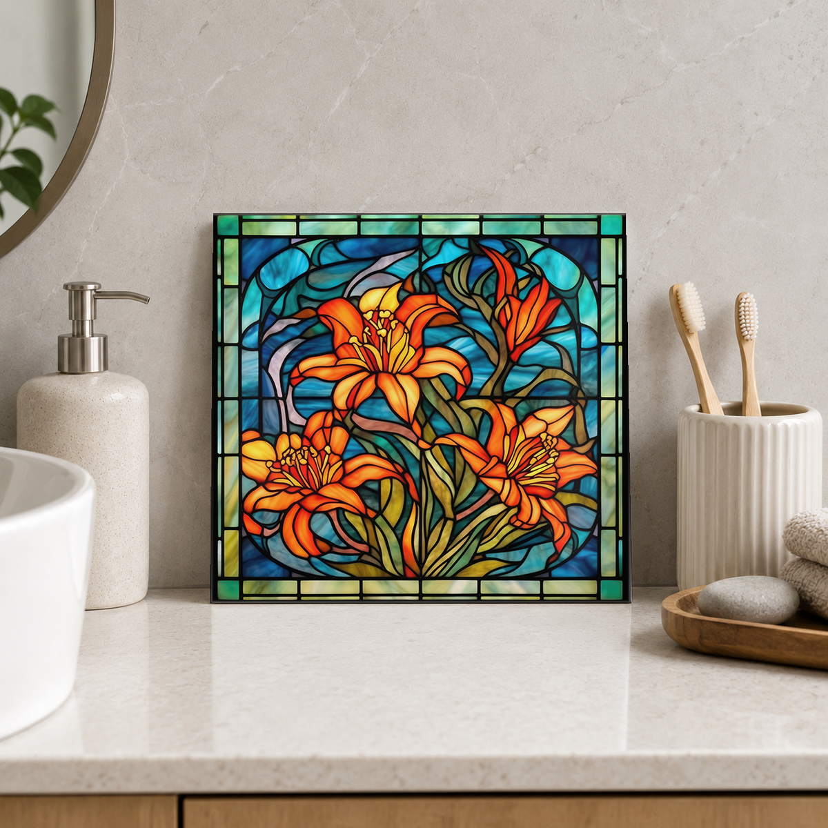 Orange Lily Bouquet on Teal Tile displayed in the bathroom tile mock-up