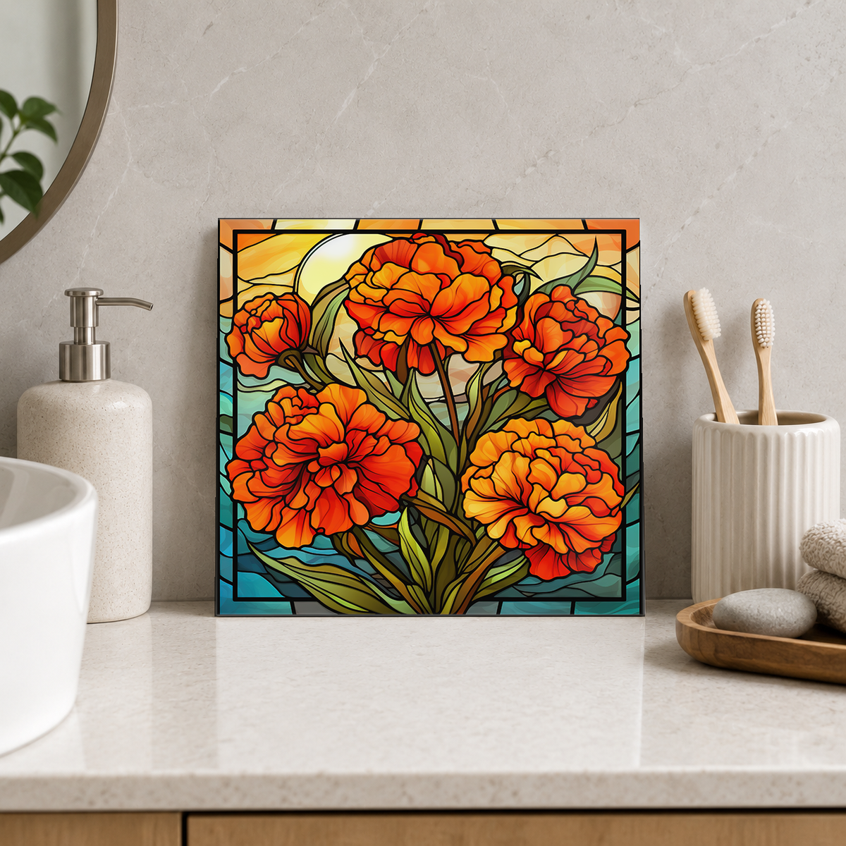 Orange Marigolds in Golden Window Tile displayed in the bathroom tile mock-up
