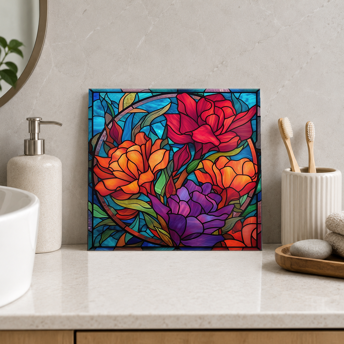 Orange Red and Purple Roses Tile displayed in the bathroom tile mock-up
