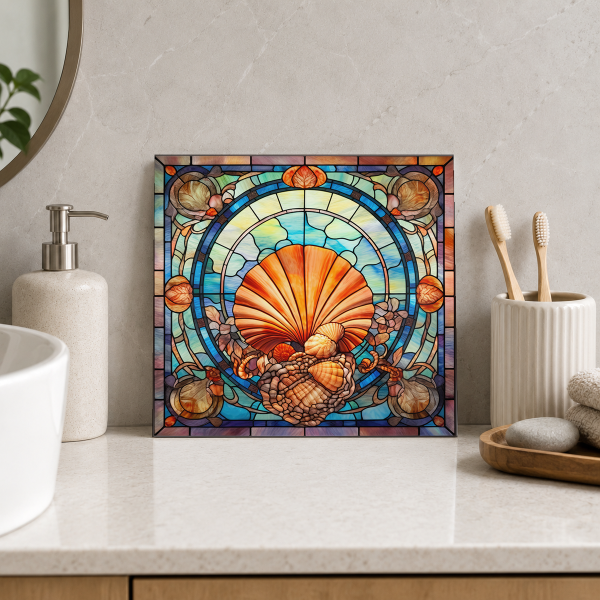 Orange Scallop and Shell Collection Tile displayed in the bathroom tile mock-up
