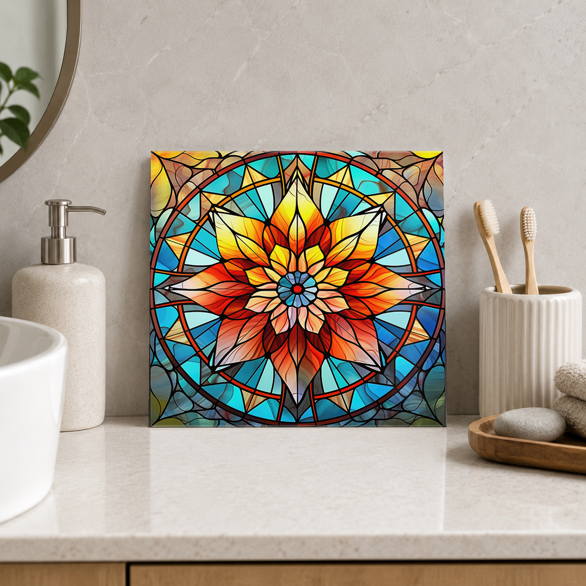 Orange Starflower in Geometric Circle Tile displayed in the bathroom tile mock-up