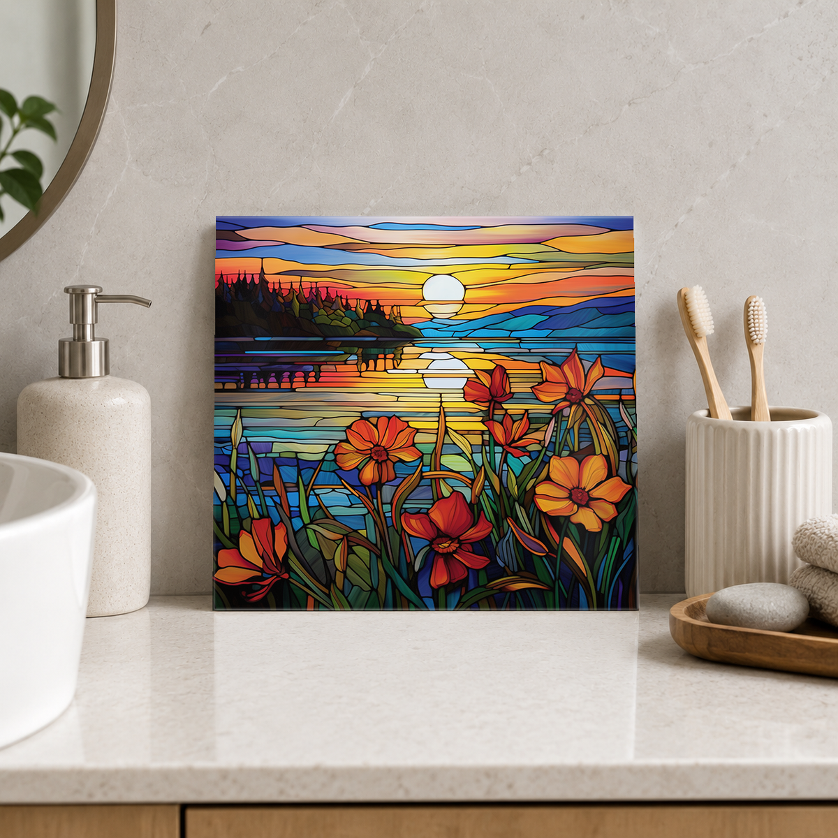 Orange Wildflowers beside Sunset Lake Tile displayed in the bathroom tile mock-up