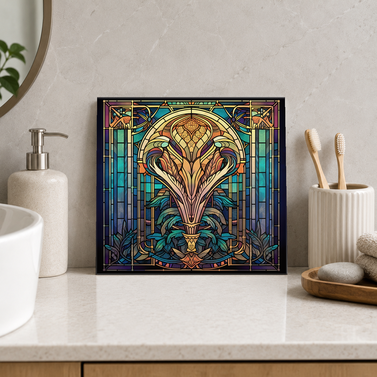 Ornate Golden Floral Plume Tile displayed in the bathroom tile mock-up
