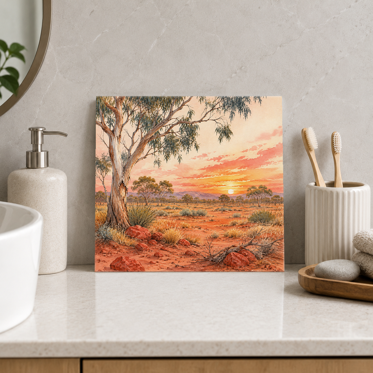 Outback Sunset ceramic decorative tile in Pop Color, shown in a room mockup