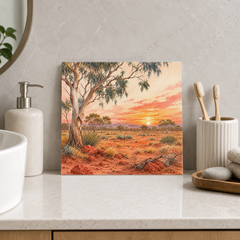 Outback Sunset ceramic decorative tile in Pop Color, shown in a room mockup