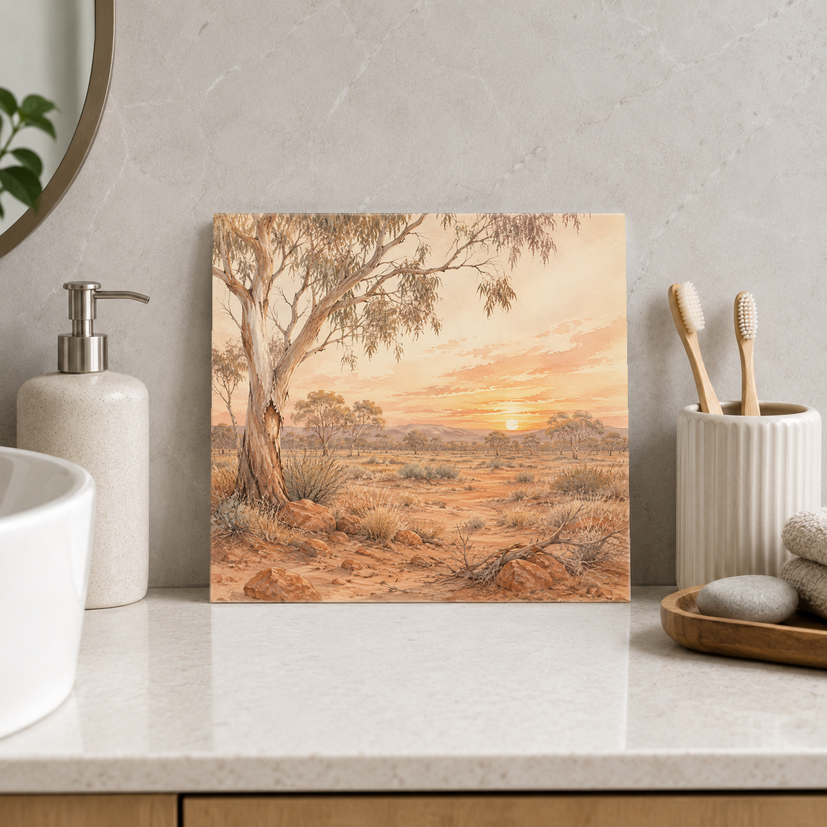 Outback Sunset ceramic decorative tile in Warm Country, shown in a room mockup