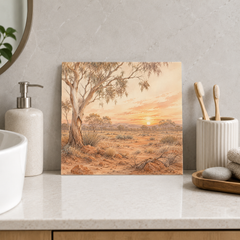 Outback Sunset ceramic decorative tile in Warm Country, shown in a room mockup