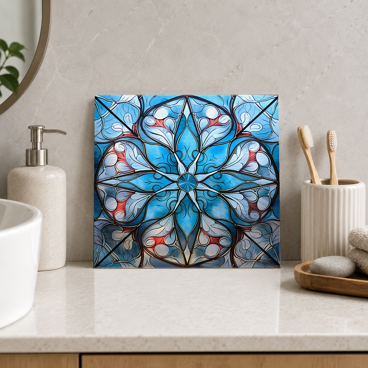Pale Blue Flower in Silver Frame Tile displayed in the bathroom tile mock-up