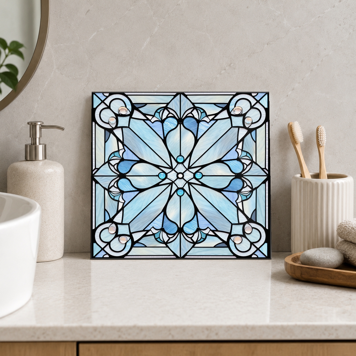 Pale Blue Petal Cross Tile displayed in the bathroom tile mock-up