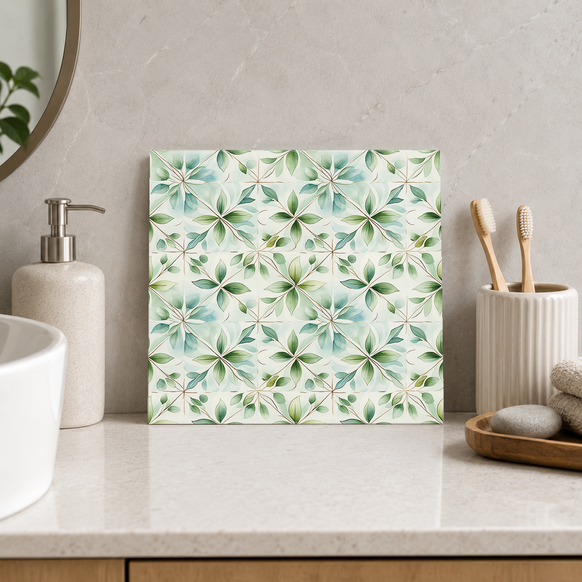Pale Green Blossom Lattice Tile displayed in the bathroom tile mock-up