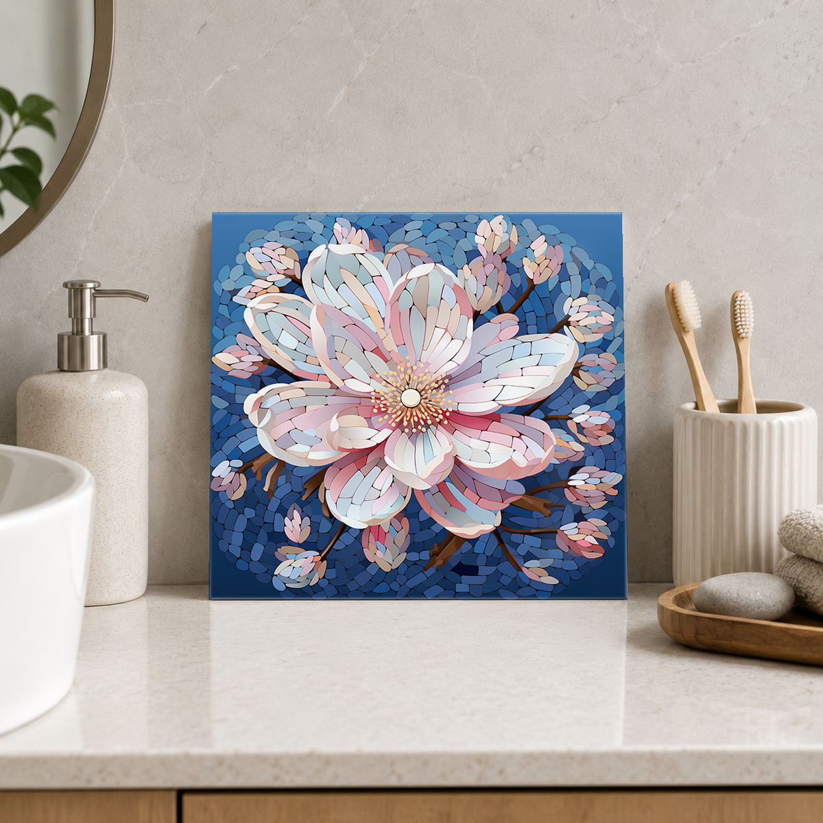 Pale Pink Blossom on Blue Tile displayed in the bathroom tile mock-up