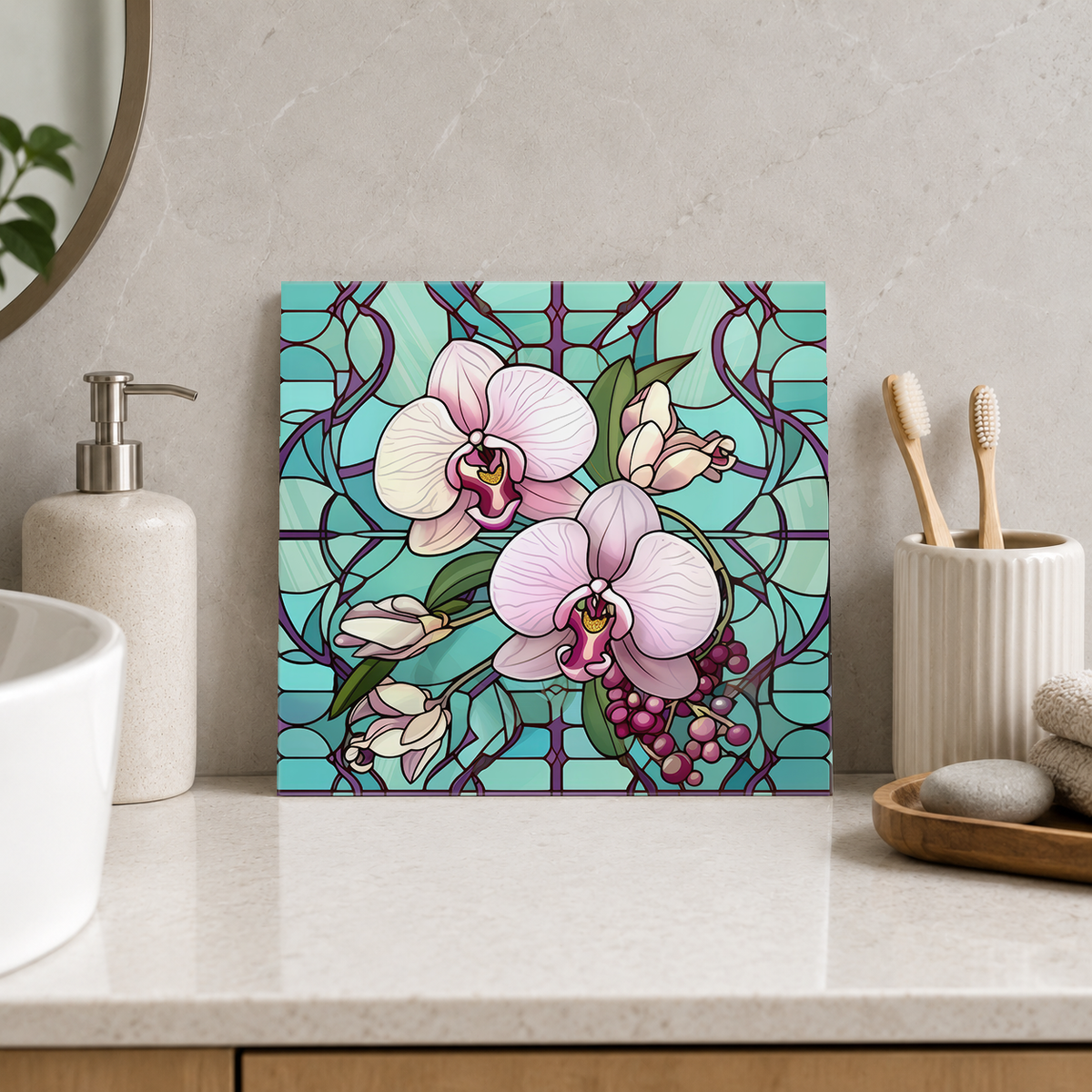 Pale Pink Orchid Pair on Mint Tile displayed in the bathroom tile mock-up