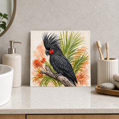 Palm Cockatoo ceramic decorative tile in Pop Color, shown in a room mockup