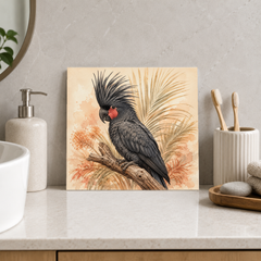 Palm Cockatoo ceramic decorative tile in Warm Country, shown in a room mockup