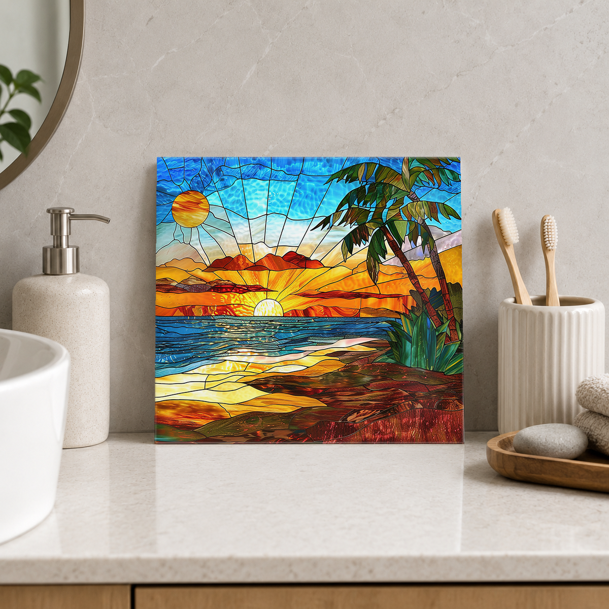 Palm Framed Sunrise Beach Tile displayed in the bathroom tile mock-up