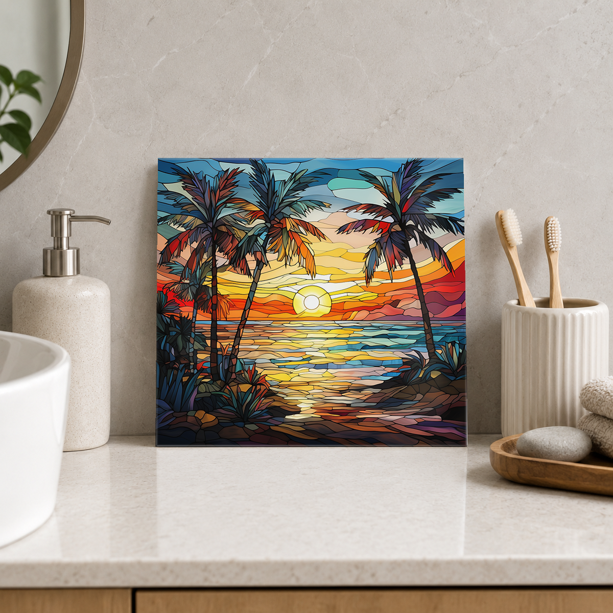 Palm Framed Sunset Shore Tile displayed in the bathroom tile mock-up