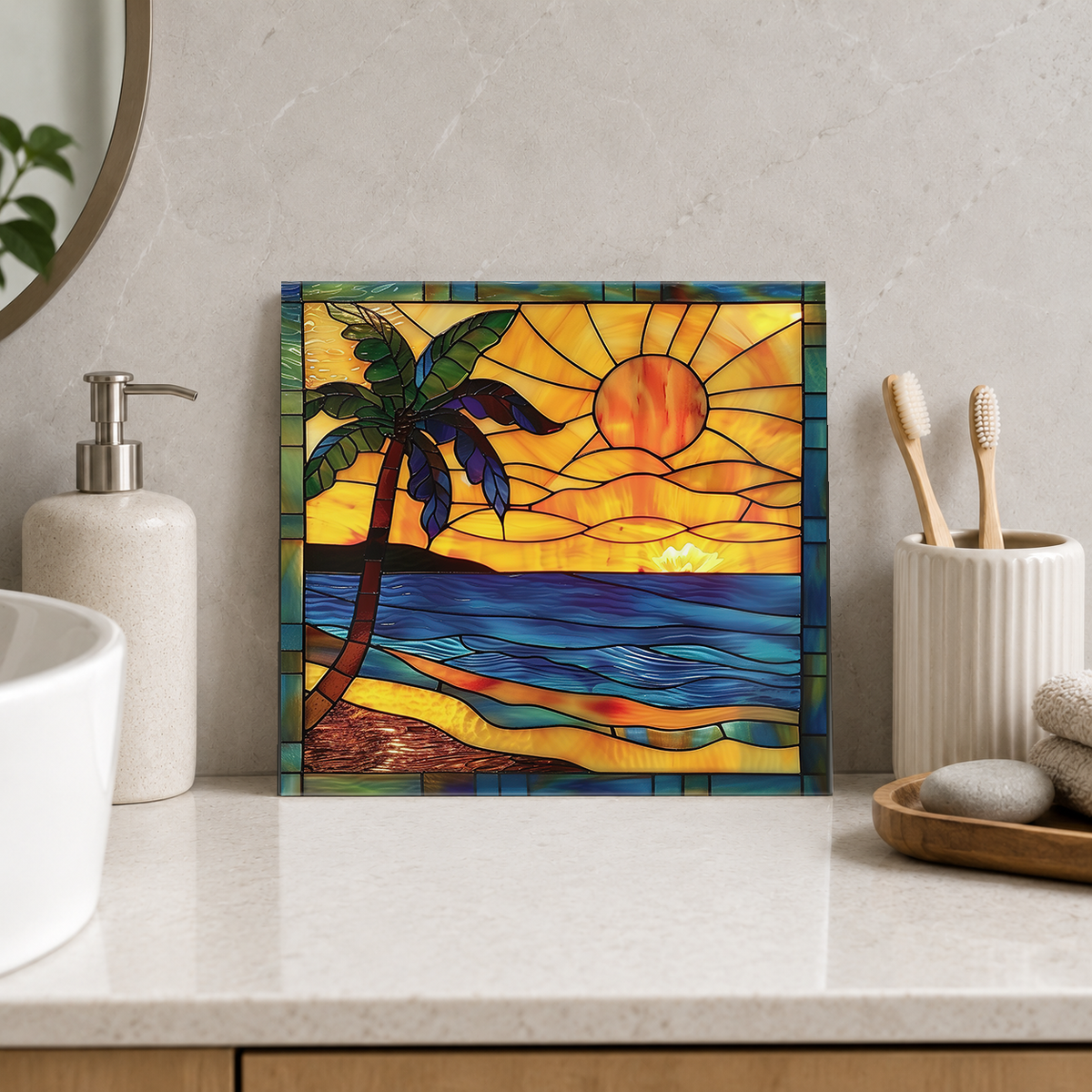 Palm Silhouette beneath Orange Sky Tile displayed in the bathroom tile mock-up