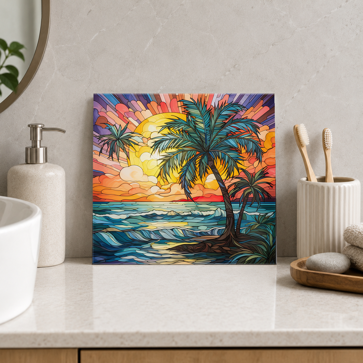 Palm Tree and Radiant Sunset Waves Tile displayed in the bathroom tile mock-up