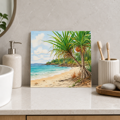 Pandanus Beach ceramic decorative tile in Pop Color, shown in a room mockup