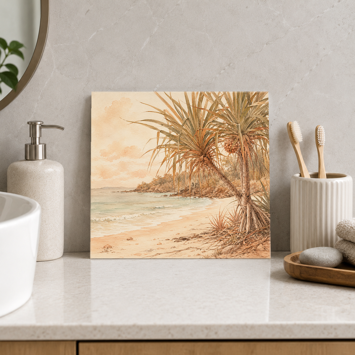 Pandanus Beach ceramic decorative tile in Warm Country, shown in a room mockup