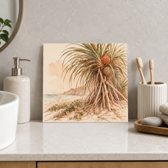 Pandanus ceramic decorative tile in Warm Country, shown in a room mockup