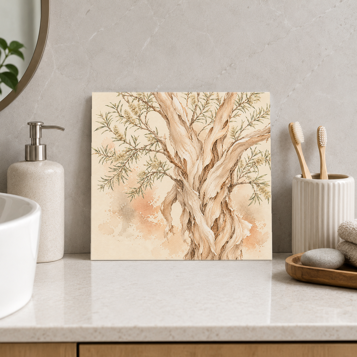 Paperbark ceramic decorative tile in Warm Country, shown in a room mockup