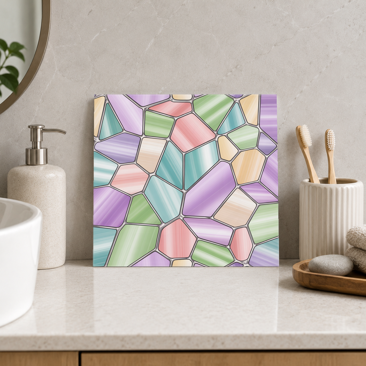 Pastel Angular Glass Mosaic Tile displayed in the bathroom tile mock-up
