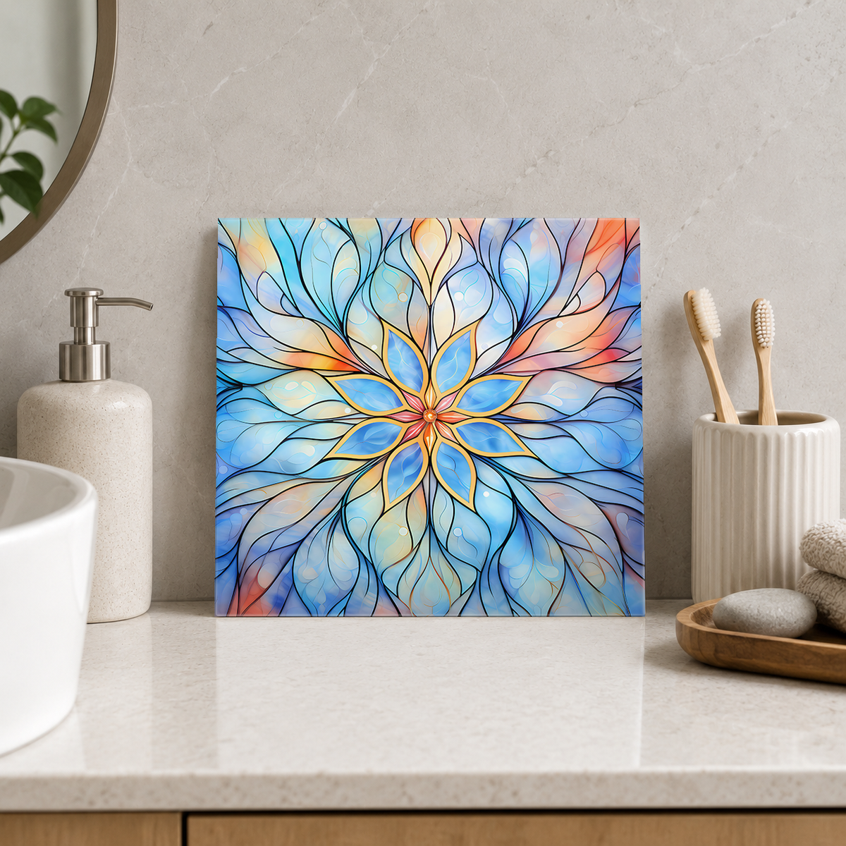 Pastel Blue Flower with Golden Lines Tile displayed in the bathroom tile mock-up