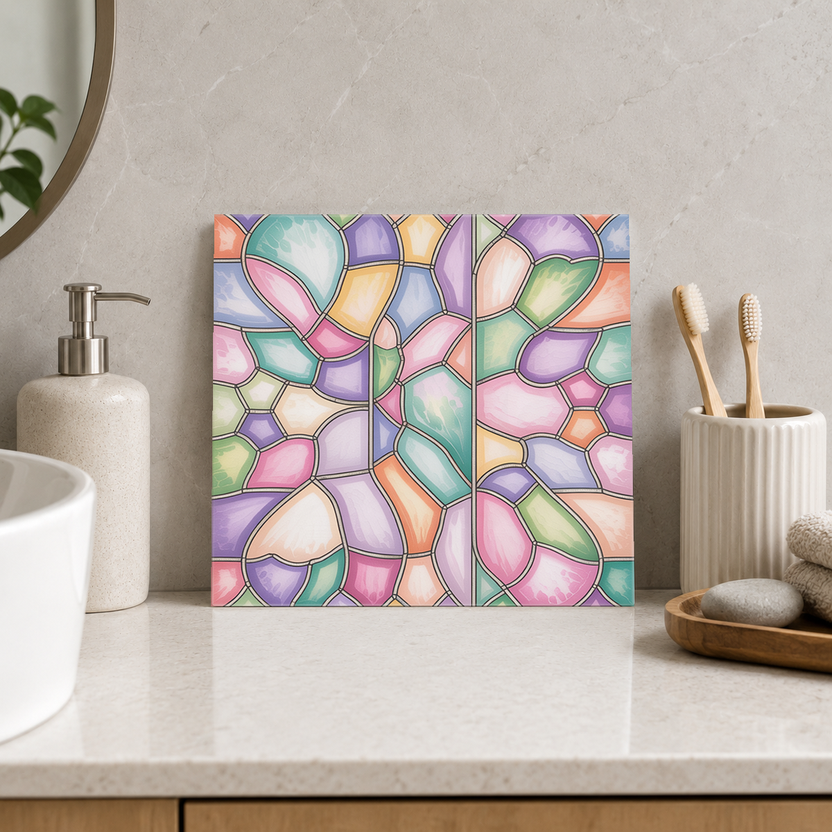 Pastel Curved Glass Patchwork Tile displayed in the bathroom tile mock-up