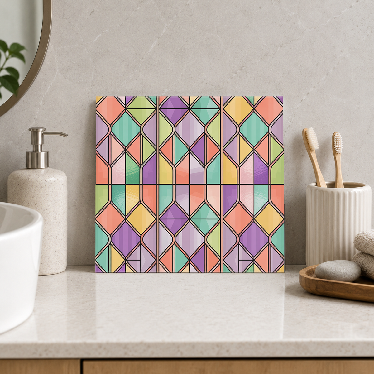 Pastel Diamond and Rectangle Window Tile displayed in the bathroom tile mock-up