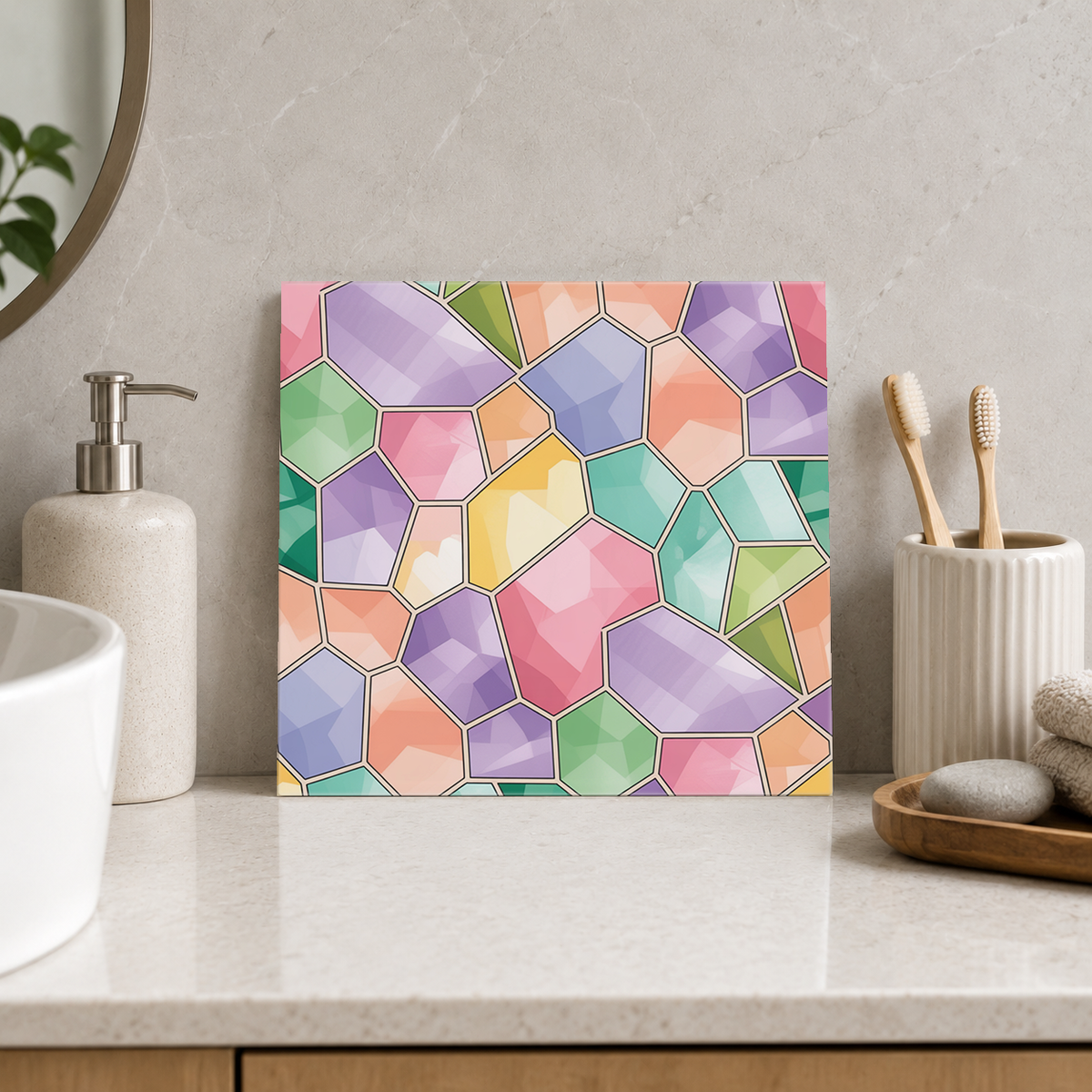 Pastel Faceted Glass Pieces Tile displayed in the bathroom tile mock-up