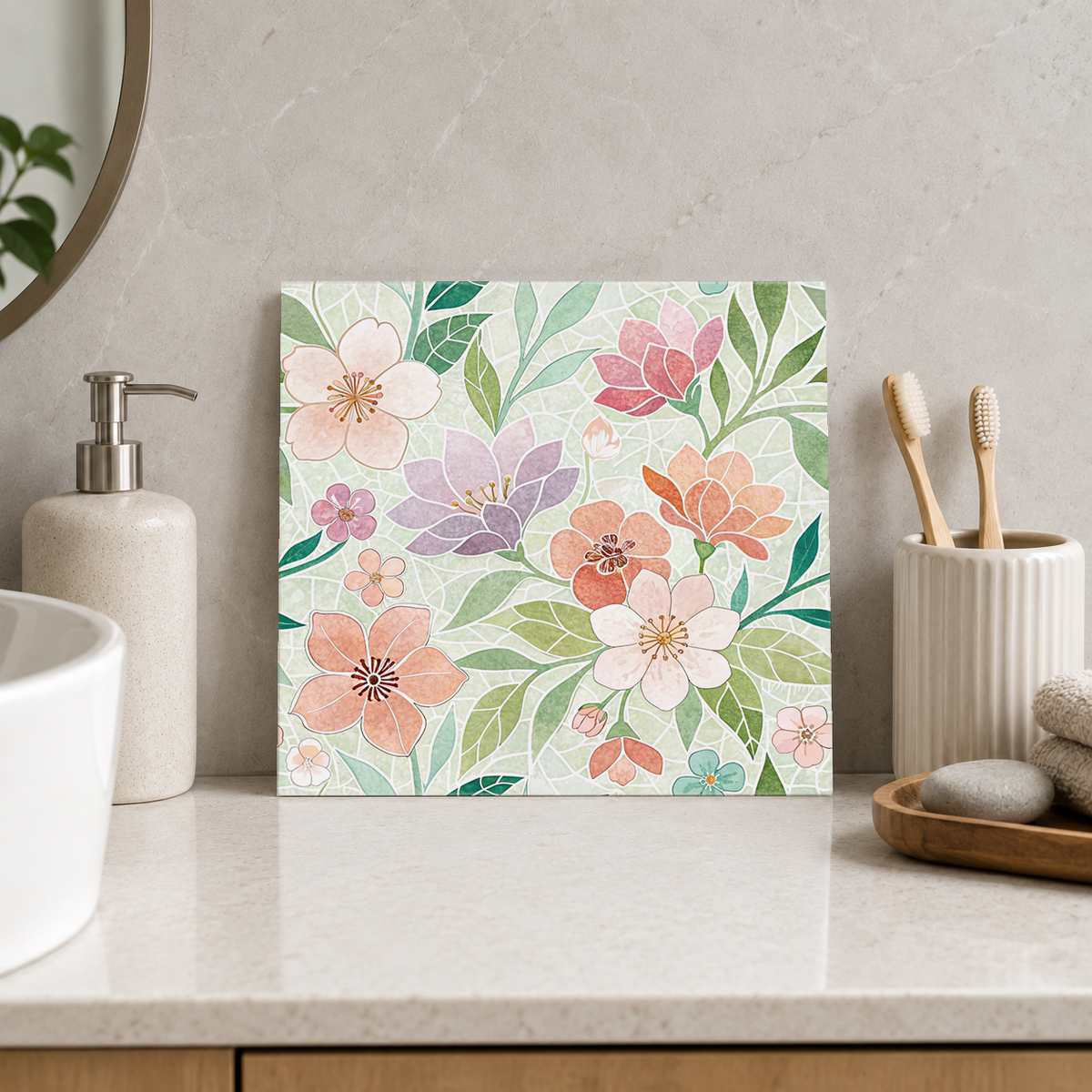 Pastel Flower Garden Mosaic Tile displayed in the bathroom tile mock-up