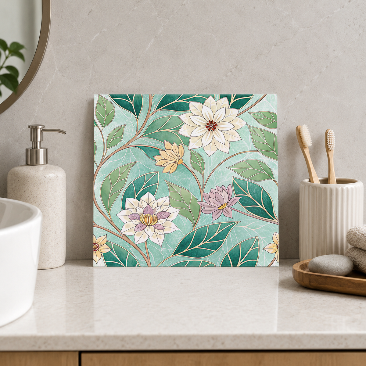 Pastel Flowers on Mint Leaves Tile displayed in the bathroom tile mock-up