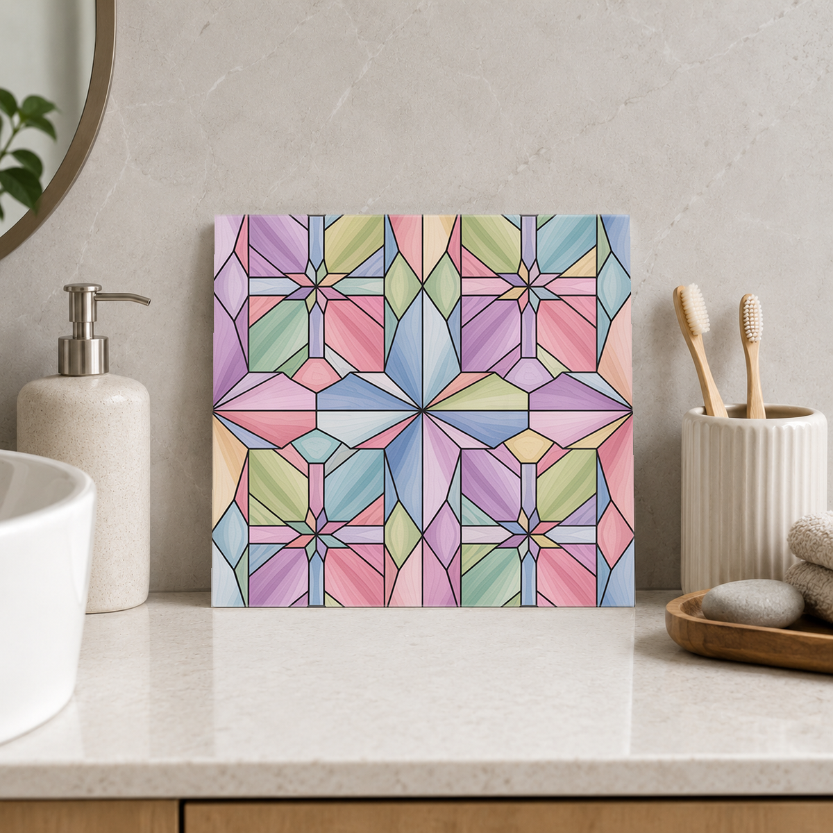 Pastel Geometric Star Grid Tile displayed in the bathroom tile mock-up